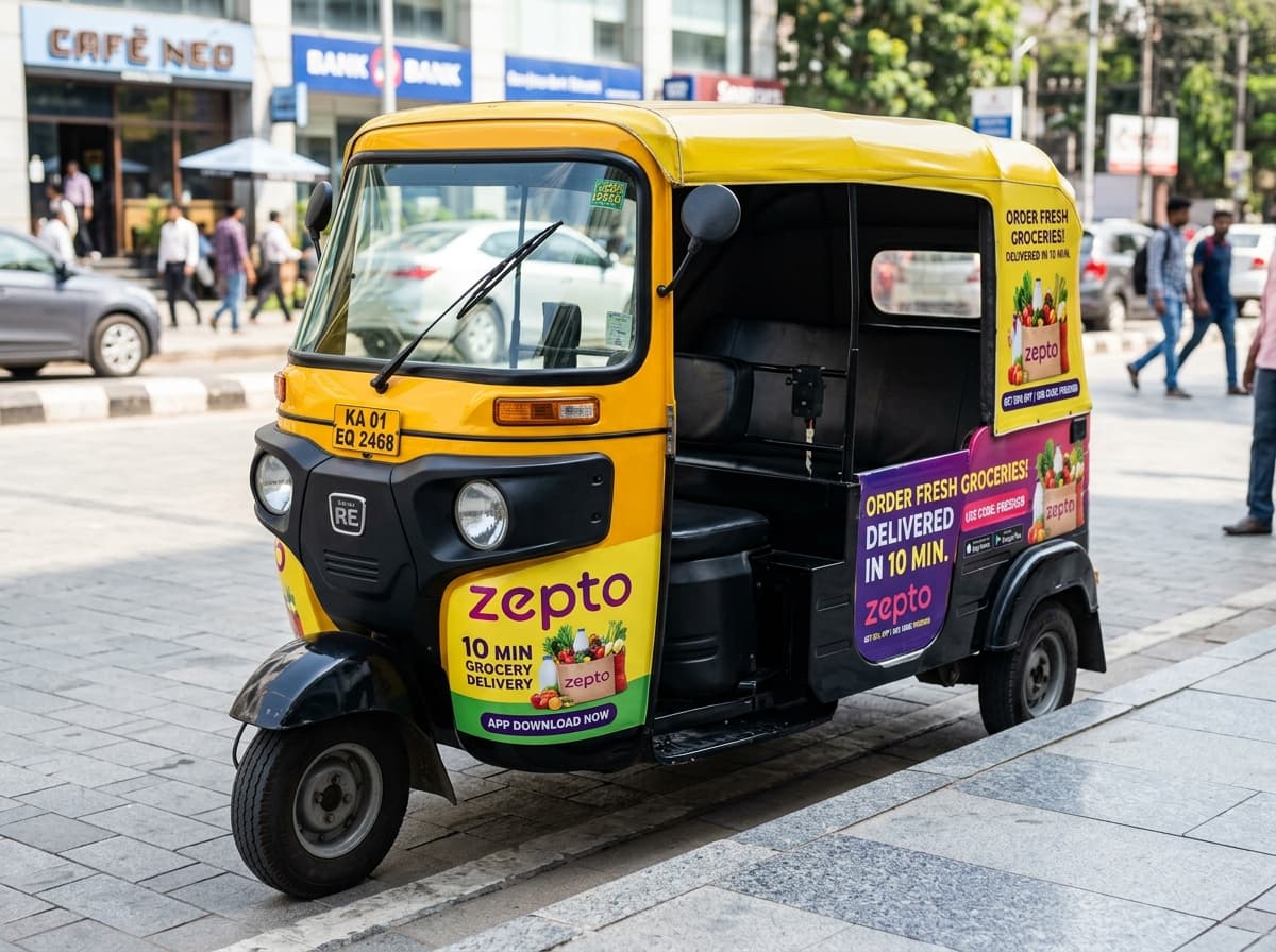 Close-up detail of commercial advertising print on Indian auto-rickshaw