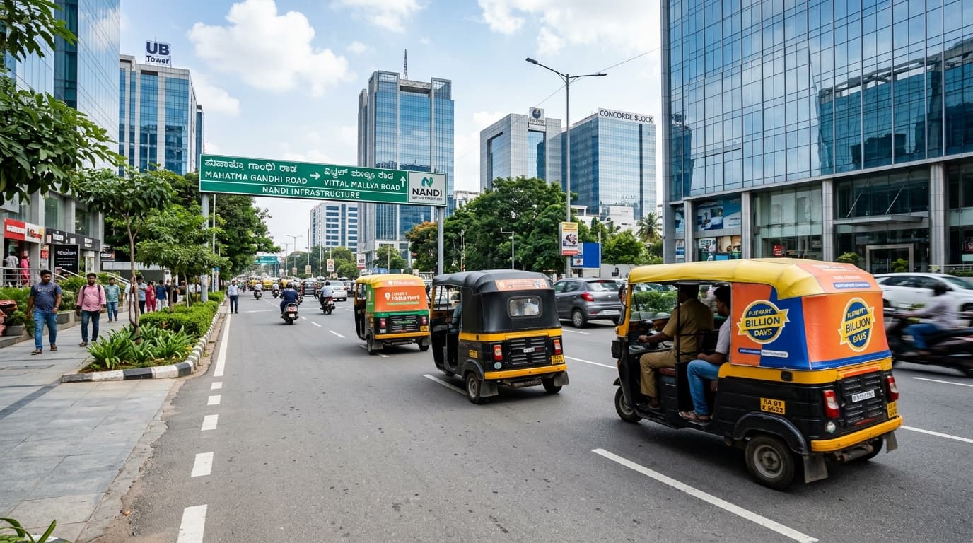 Real-world auto rickshaws displaying brand advertisements across busy metropolitan avenues in Bangalore
